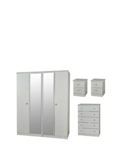 SWIFT Verve Part Assembled 4 Piece Package - 4 Door Mirrored Wardrobe, 5 Drawer Chest And 2 Bedside Chests - FSC® Certified -FurniHaven Shop PG69T SQ3 0000000005 GREY SLa