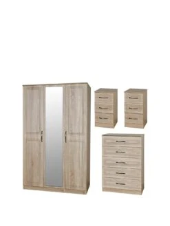 SWIFT Winchester Part Assembled 4 Piece Package - 3 Door Mirrored Wardrobe, Chest Of 5 Drawers And 2 Bedside Chests - FSC® Certified -FurniHaven Shop PG69X SQ3 0000000006 OAK SLa