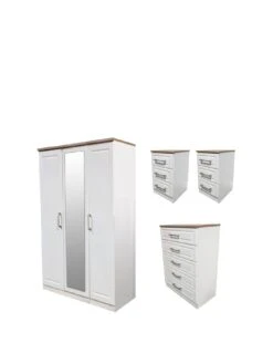 SWIFT Regent Part Assembled 4 Piece Package - 3 Door Mirrored Wardrobe, 5 Drawer Chest And 2 Bedside Chests - FSC® Certified -FurniHaven Shop PG6AA SQ3 0000000010 WHITE OAK SLa