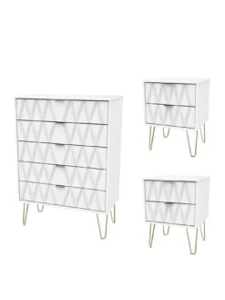 SWIFT Versailles Ready Assembled 3 Piece Package - 5 Drawer Chest And 2 Bedside Chests - FSC® Certified -FurniHaven Shop PG6AC SQ3 0000000013 WHITE SLa