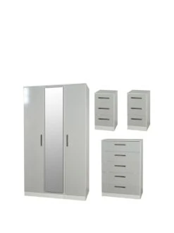 SWIFT Montreal Gloss Ready Assembled 4 Piece Package - 3 Door Mirrored Wardrobe, 5 Drawer Chest And 2 Bedside Chests - FSC® Certified -FurniHaven Shop PG6FG SQ3 0000009231 WHITE GREY GLOSS SLa