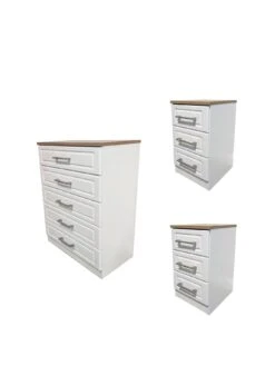 SWIFT Regent Ready Assembled 3 Piece Package - 5 Drawer Chest And 2 Bedside Chests - FSC® Certified -FurniHaven Shop PG6FJ SQ3 0000000010 WHITE OAK SLa