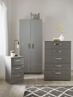 One Call Sanford High Gloss Ready Assembled 4 Piece Package - 2 Door Wardrobe, Chest Of 5 Drawers And 2 Bedside Chests -FurniHaven Shop PJ9CP SQ2 0000013154 DARK GREY GLOSS RSr