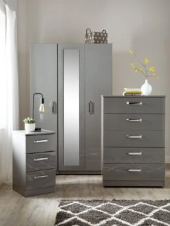 One Call Sanford Part Assembled High Gloss 4 Piece Package - 3 Door Mirrored Wardrobe, Chest Of 5 Drawers And 2 Bedside Chests -FurniHaven Shop PJ9CQ SQ2 0000013154 DARK GREY GLOSS RSr