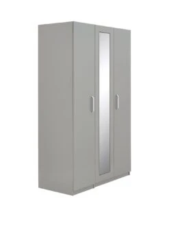 One Call Sanford Part Assembled High Gloss 4 Piece Package - 3 Door Mirrored Wardrobe, Chest Of 5 Drawers And 2 Bedside Chests -FurniHaven Shop PJ9CQ SQ3 0000013154 DARK GREY GLOSS SLa