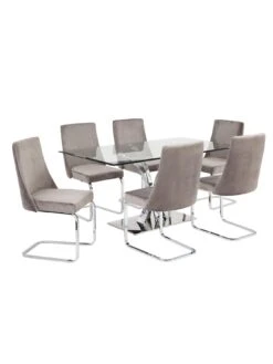 Very Home Alice 160 Cm Rectangle Glass And Chrome Dining Table + 6 Velvet Chairs -FurniHaven Shop PLLJY SQ2 0000013305 CLEAR GREY RSr