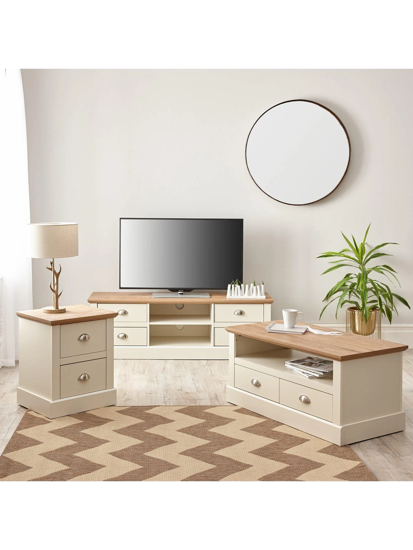 Very Home Crawford 3 Piece Package - TV Unit, Coffee Table And Lamp Table - Ivory/Oak Effect 3 Very Home Crawford 3 Piece Package - TV Unit, Coffee Table And Lamp Table - Ivory/Oak Effect