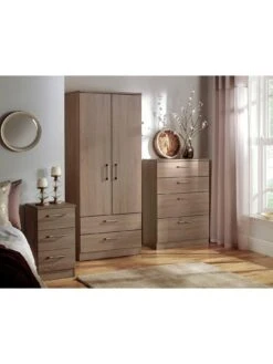 SWIFT Halton Part Assembled 4 Piece Package - 3 Door Mirrored Wardrobe, 5 Drawer Chest And 2 Bedside Chests - FSC® Certified -FurniHaven Shop Q9JX3 SQ2 0000000558 DARK OAK RSr