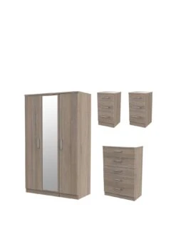 SWIFT Halton Part Assembled 4 Piece Package - 3 Door Mirrored Wardrobe, 5 Drawer Chest And 2 Bedside Chests - FSC® Certified -FurniHaven Shop Q9JX3 SQ3 0000000558 DARK OAK SLa