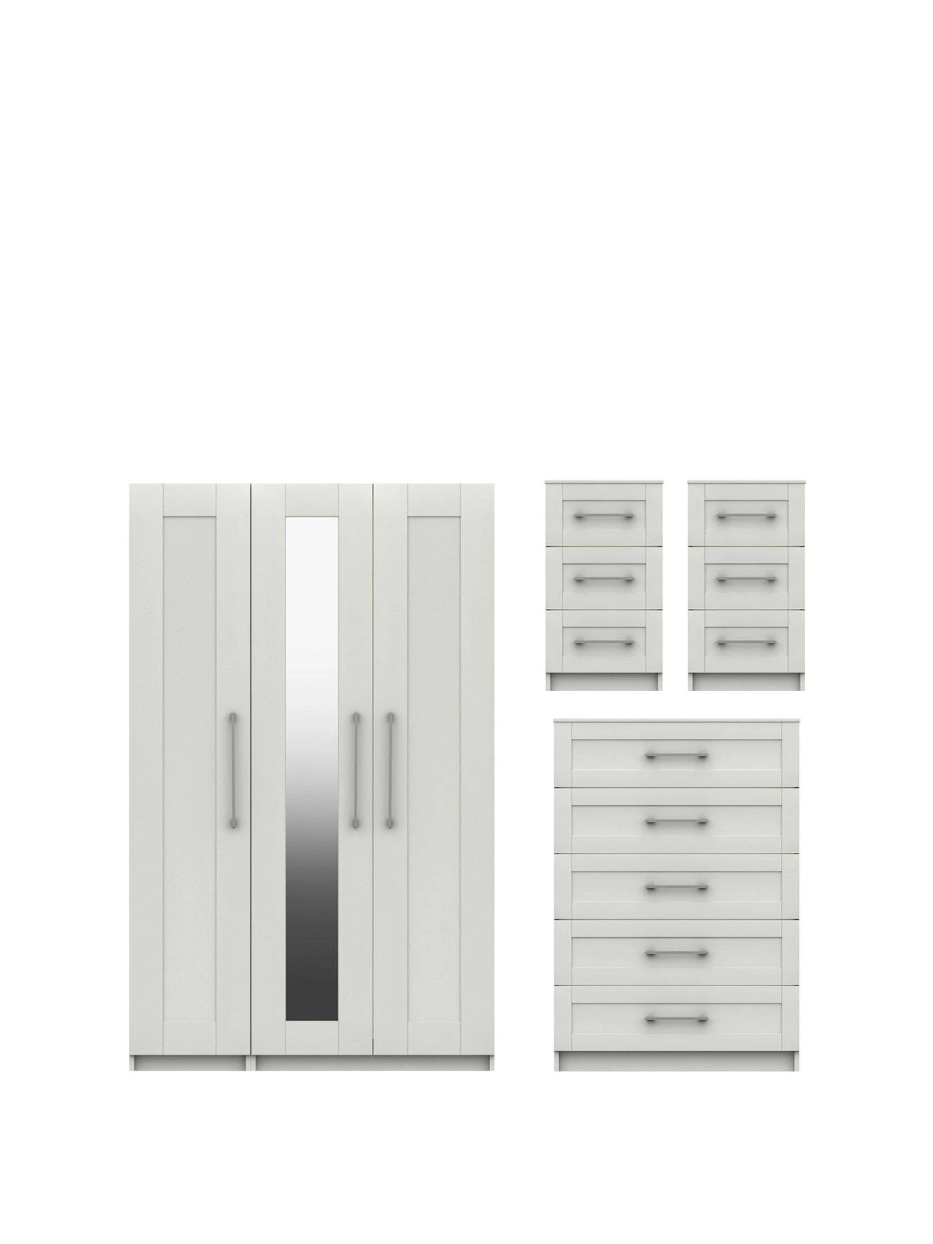 One Call Regal Package - Part Assembled 3 Door Mirrored Wardrobe, 5 Drawer Chest And 2 Bedside Chests 3 One Call Regal Package - Part Assembled 3 Door Mirrored Wardrobe, 5 Drawer Chest And 2 Bedside Chests