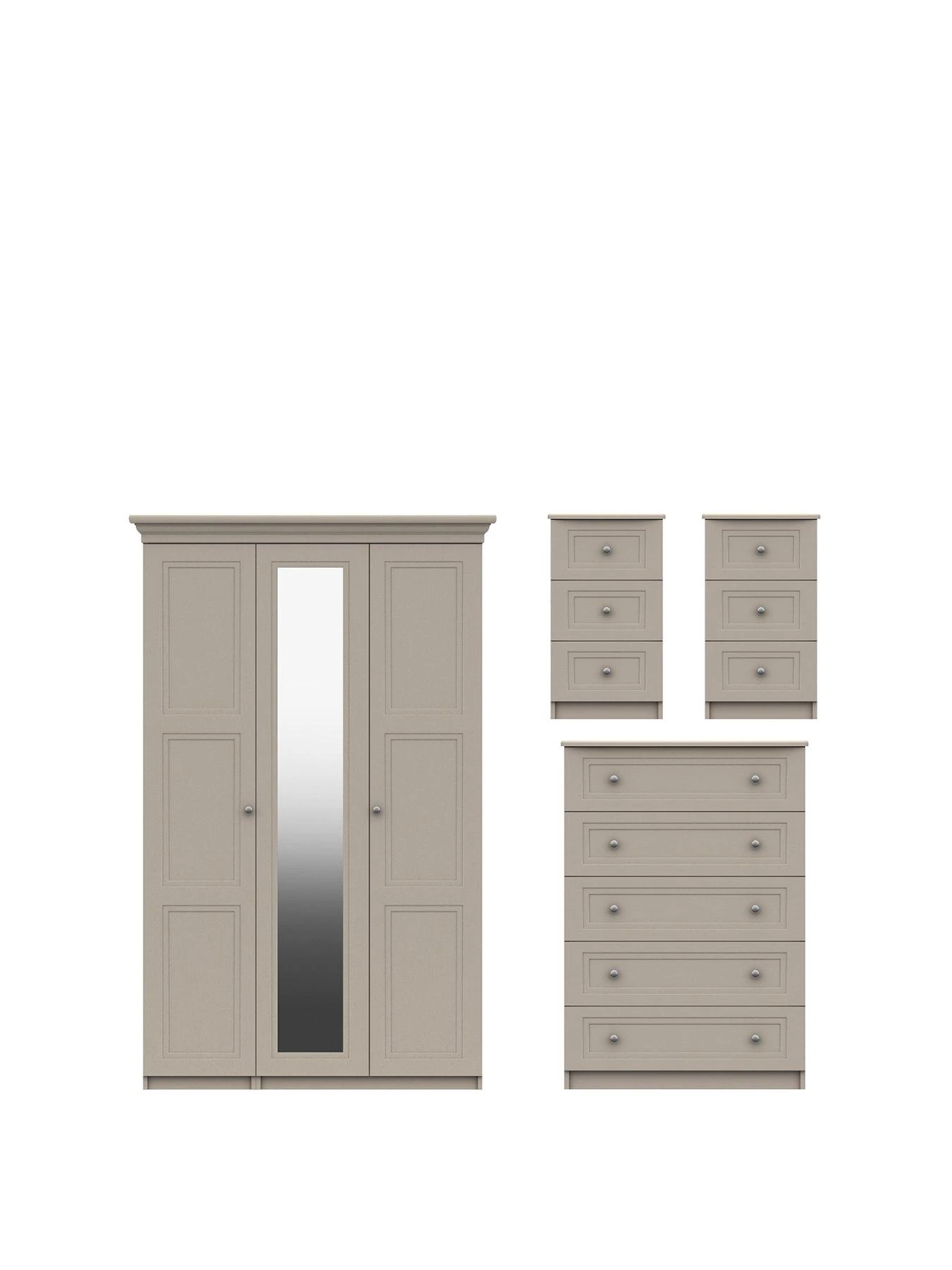 One Call Reid 4 Piece Part Assembled Package - 3 Door Mirrored Wardrobe, 5 Drawer Chest And 2 Bedside Cabinets 3 One Call Reid 4 Piece Part Assembled Package - 3 Door Mirrored Wardrobe, 5 Drawer Chest And 2 Bedside Cabinets