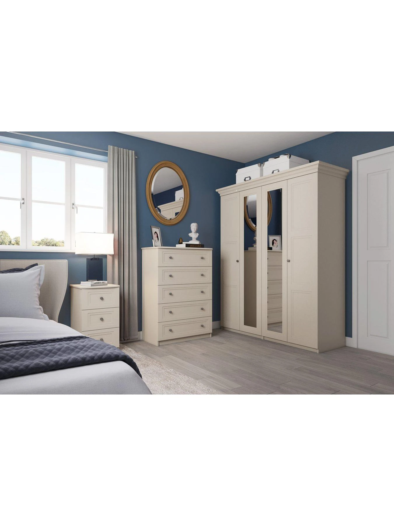 One Call Reid 4 Piece Part Assembled Package - 3 Door Mirrored Wardrobe, 5 Drawer Chest And 2 Bedside Cabinets 4 One Call Reid 4 Piece Part Assembled Package - 3 Door Mirrored Wardrobe, 5 Drawer Chest And 2 Bedside Cabinets - Image 2