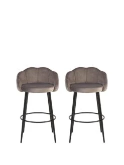 Michelle Keegan Home Pair Of Angel Scallop Bar Stools - Grey Velvet