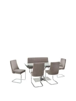 Very Home Alice Rectangle 160 Cm Glass Top Dining Table, 1 Bench And 4 Velvet Chairs Dining Set