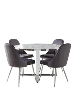 Very Home Ivy Marble Effect 120 Cm Circle Dining Table + 4 Chairs -FurniHaven Shop QJ94L SQ2 0000015145 MARBLE CHROME RSr
