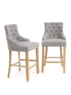 Very Home Warwick Pair Of Velvet Bar Stools - Grey/Oak - FSC® Certified