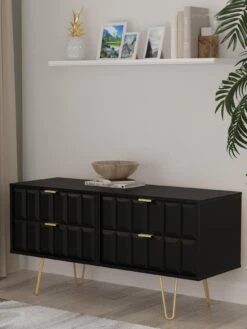 SWIFT Cube Ready Assembled 4 Drawer Low TV Unit - Fits Up To To 50 Inch TV - Black - FSC® Certified