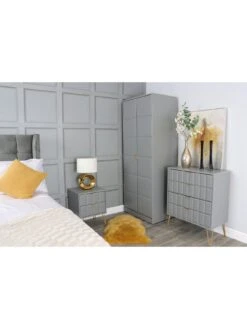 SWIFT Cube 4 Piece Ready Assembled Package - 2 Door Wardrobe, 5 Drawer Chest And 2 Bedside Chests - FSC® Certified -FurniHaven Shop UY6HW SQ2 0000000005 GREY RSr