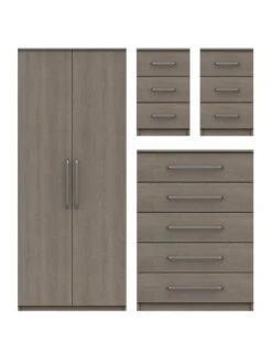 One Call Reagon Ready Assembled 4 Piece Package - 2 Door Wardrobe, 5 Drawer Chest And 2 Bedside Chests -FurniHaven Shop VFRHP SQ2 0000000006 OAK SLf