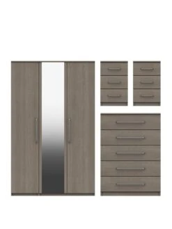 One Call Reagon Part Assembled 3 Piece Package - 3 Door Mirrored Wardrobe, 5 Drawer Chest And 2 Bedside Chests -FurniHaven Shop VFRHQ SQ2 0000000006 OAK SLf