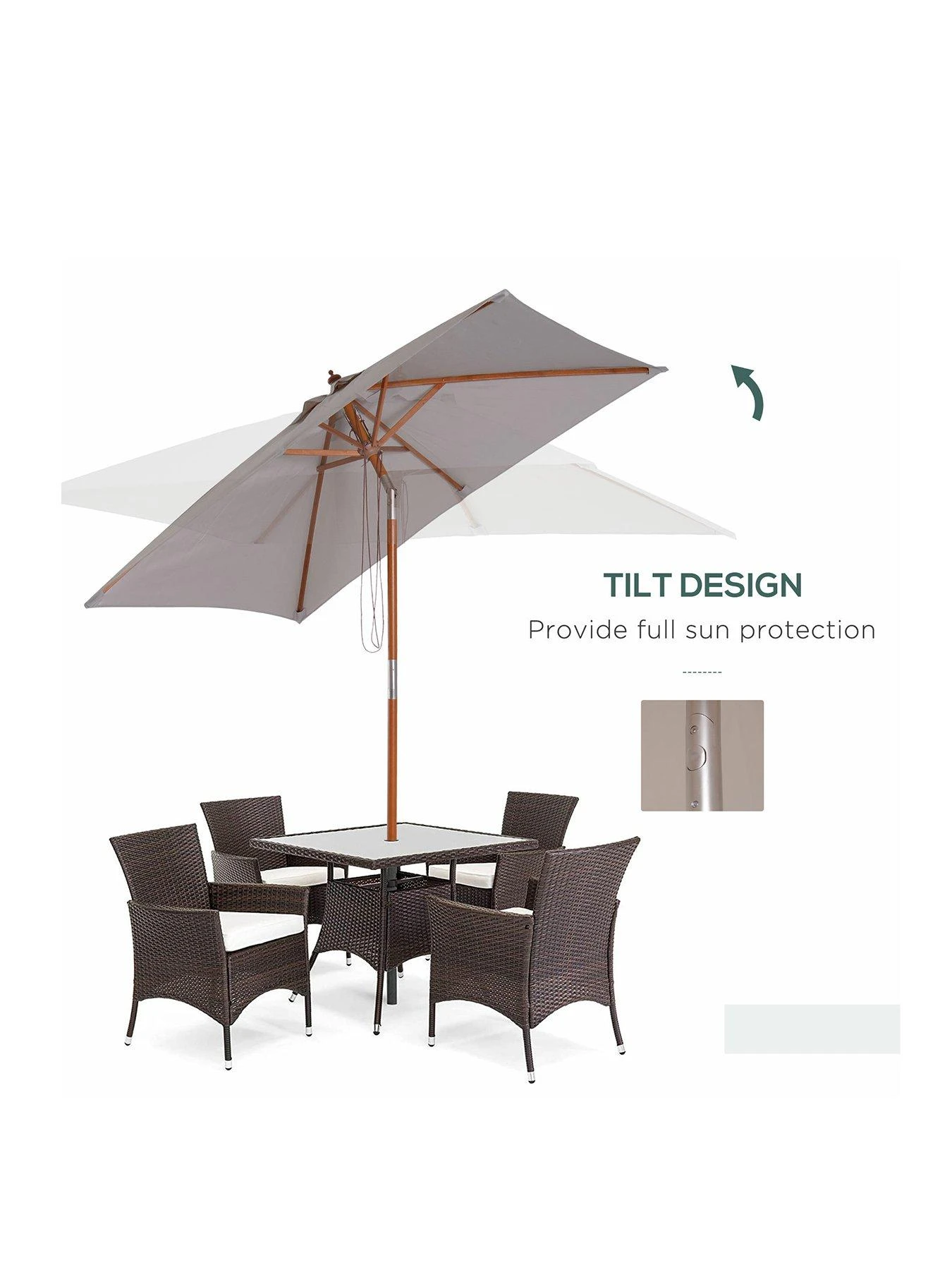 OutSunny Patio Umbrella Parasol, 6 Ribs, Wood, Bamboo, Polyester-Grey 5 OutSunny Patio Umbrella Parasol, 6 Ribs, Wood, Bamboo, Polyester-Grey - Image 3