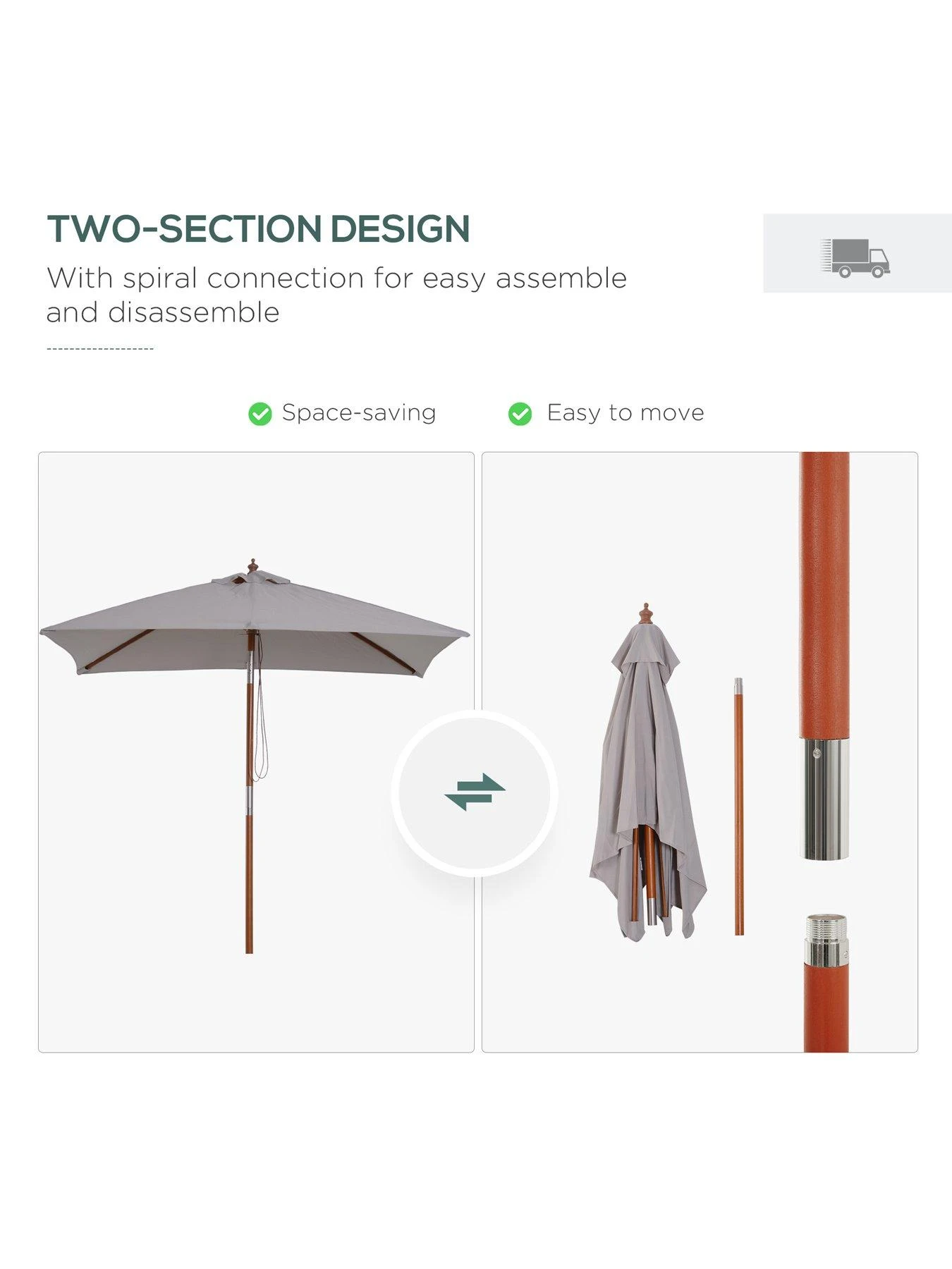 OutSunny Patio Umbrella Parasol, 6 Ribs, Wood, Bamboo, Polyester-Grey 8 OutSunny Patio Umbrella Parasol, 6 Ribs, Wood, Bamboo, Polyester-Grey - Image 6