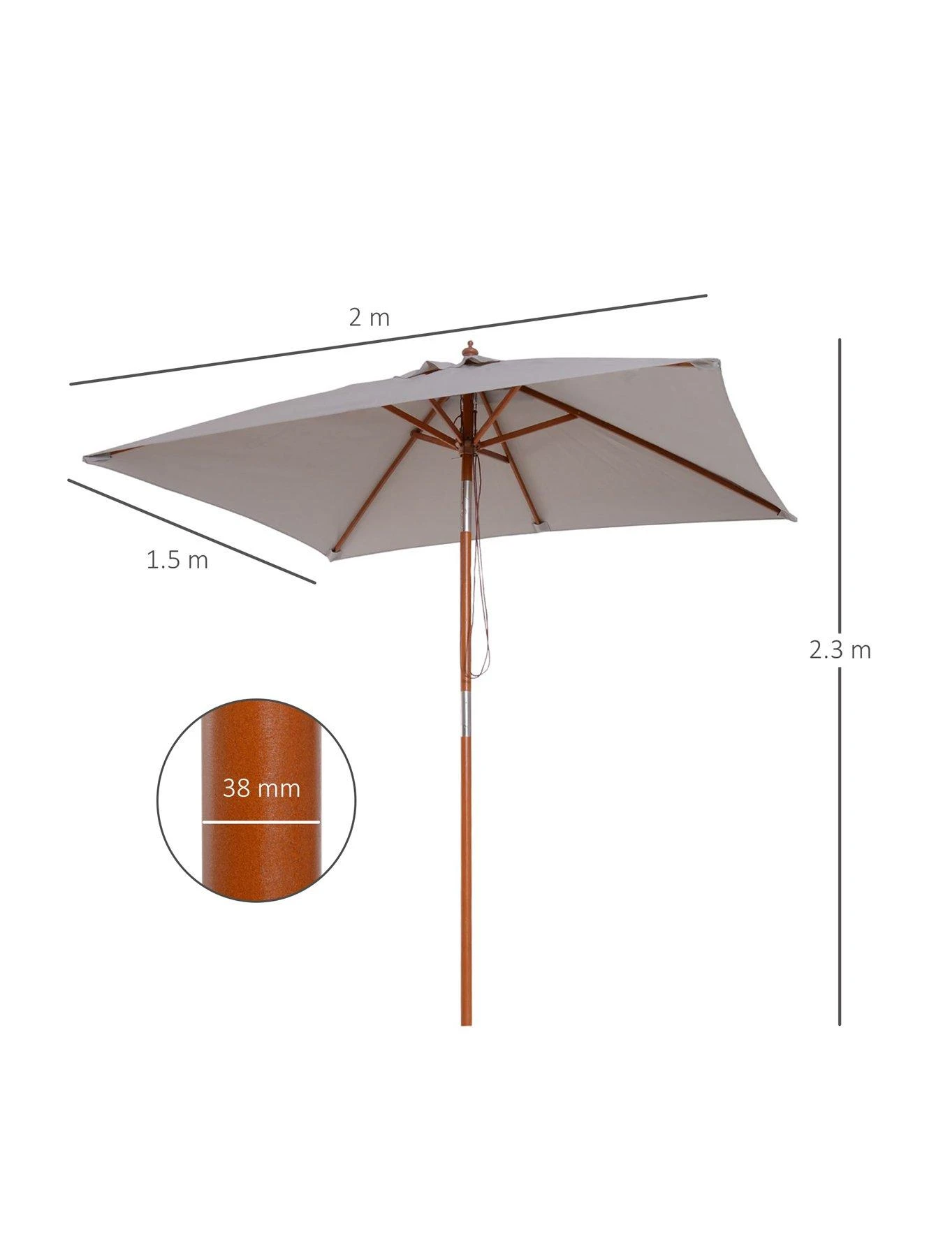 OutSunny Patio Umbrella Parasol, 6 Ribs, Wood, Bamboo, Polyester-Grey 9 OutSunny Patio Umbrella Parasol, 6 Ribs, Wood, Bamboo, Polyester-Grey - Image 7