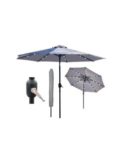 Glamhaus Solar LED Tilting Light Grey Garden Parasol Umbrella 2.7M With Crank Handle, UV40+ Protection, Includes Protection Cover - Robust Steel