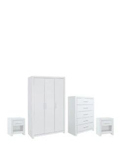 Very Home Rio 4 Piece Package - 3 Door Wardrobe, 5 Drawer Chest And 2 Bedside Chests - FSC® Certified -FurniHaven Shop VLGK2 SQ3 0000000013 WHITE SLa